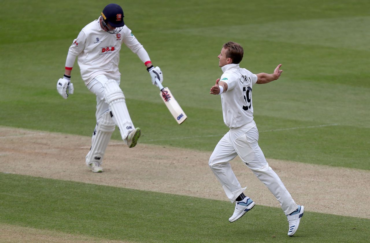Tom Curran celebrates his dismissal of Tom Westley, Surrey v Essex, County Championship, Division One, The Oval, April 12, 2019