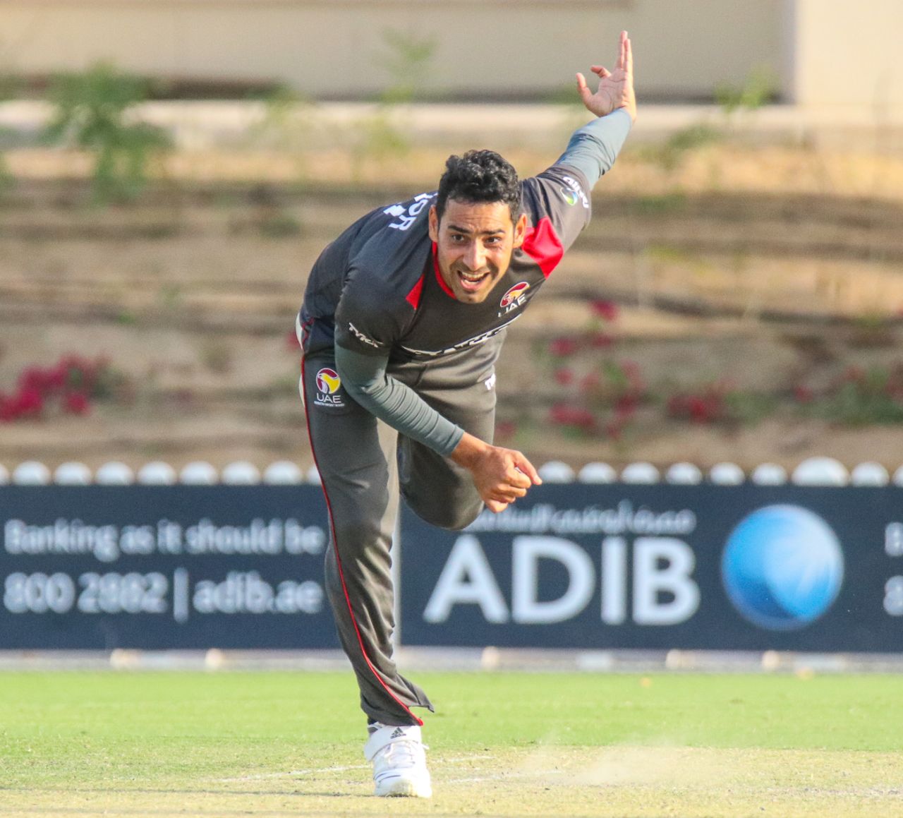 Zahoor Khan sends down a delivery during a late spell, UAE v USA, 2nd T20I, Dubai, March 16, 2019