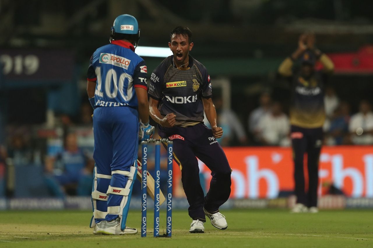 Prasidh Krishna celebrates a wicket, Kolkata Knight Riders v Delhi Capitals, IPL 2019, Kolkata, April 12, 2019