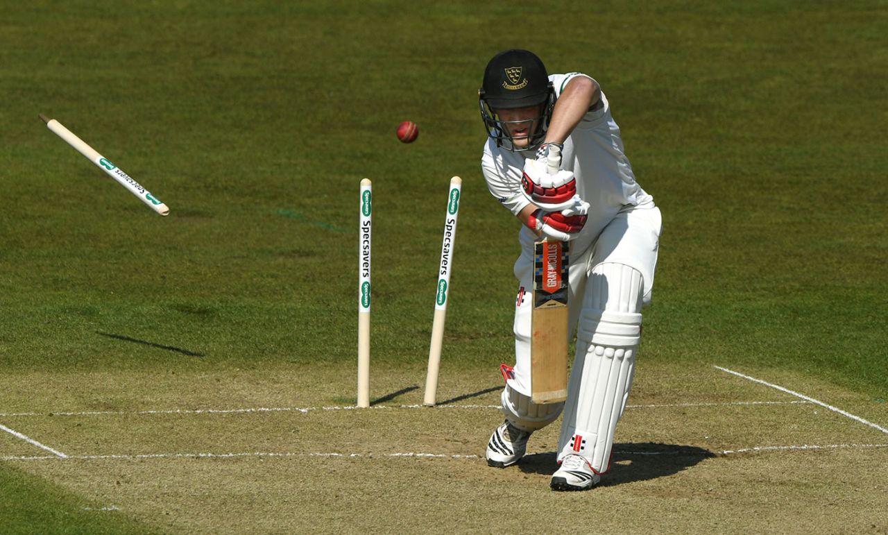 Michael Burgess is comprehensively bowled, Durham v Sussex, Chester-le-Street, day 2, April 12, 2019