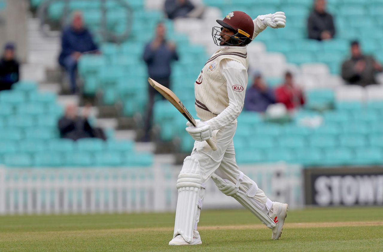 Ryan Patel celebrates his maiden hundred with abandon, Surrey v Essex, County Championship, Division One, The Oval, April 12, 2019