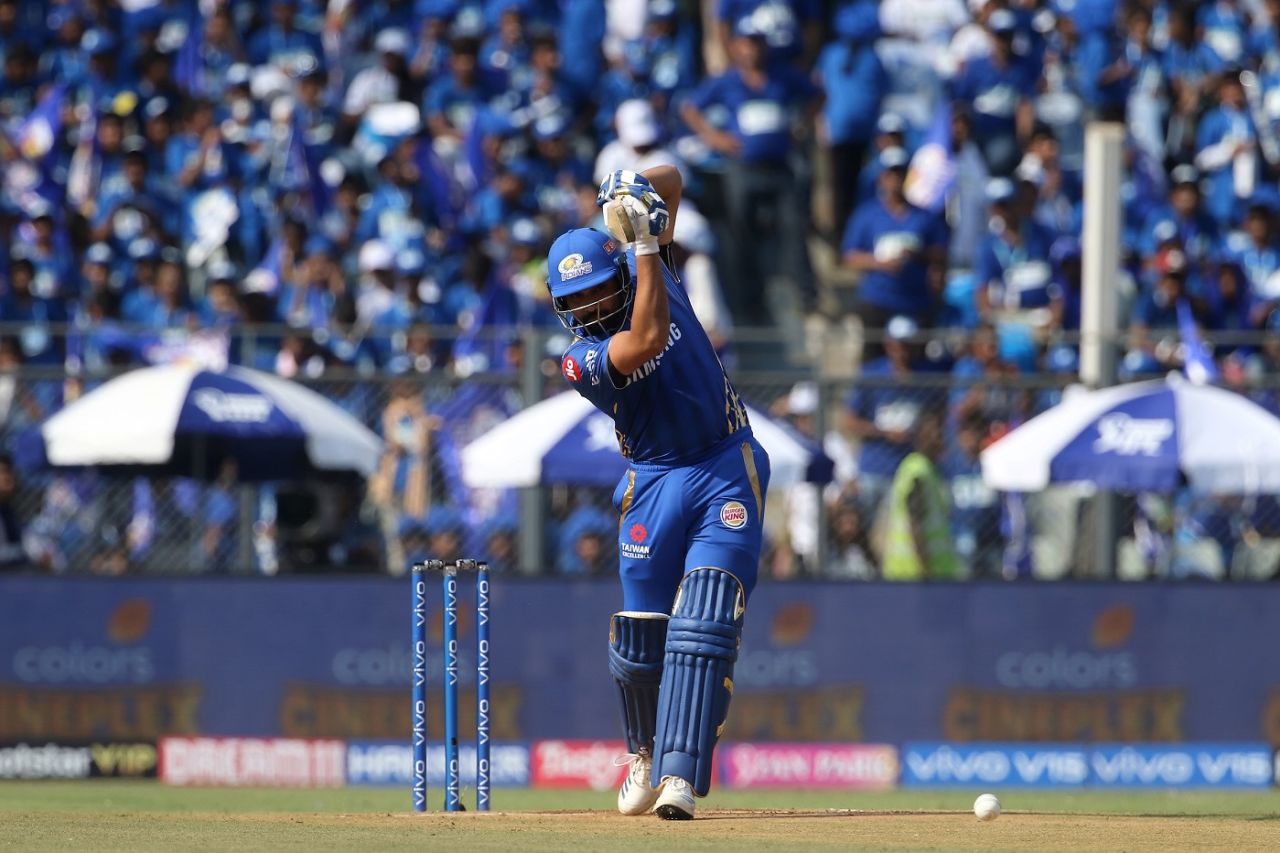 Rohit Sharma plays down the ground, Mumbai Indians v Rajasthan Royals, IPL 2019, Mumbai, April 13, 2019