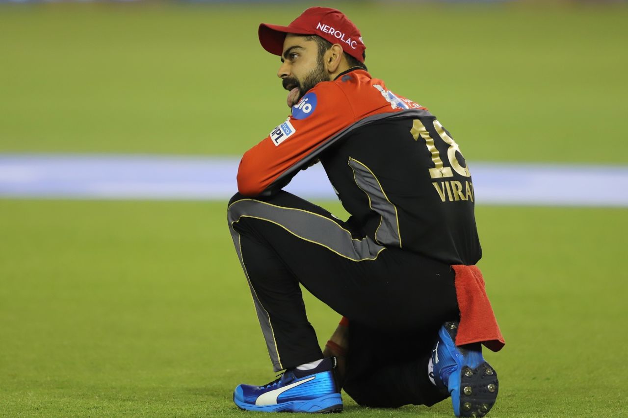 Virat Kohli reacts after dropping a catch, Kings XI Punjab v Royal Challengers Bangalore, IPL 2019, Mohali, April 13, 2019
