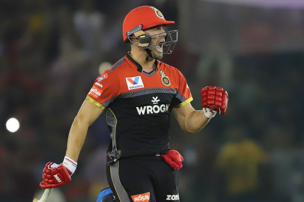 AB de Villiers screams after taking Royal Challengers Bangalore to a win, Kings XI Punjab v Royal Challengers Bangalore, IPL 2019, Mohali, April 13, 2019