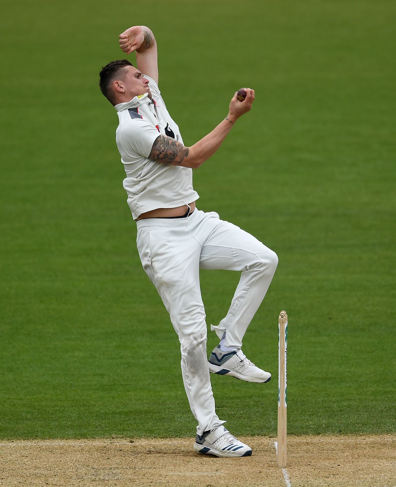 Harry Podmore arrives at the crease, Warwickshire v Kent, County Championship, Division One, Edgbaston, 2nd day, April 12, 2019
