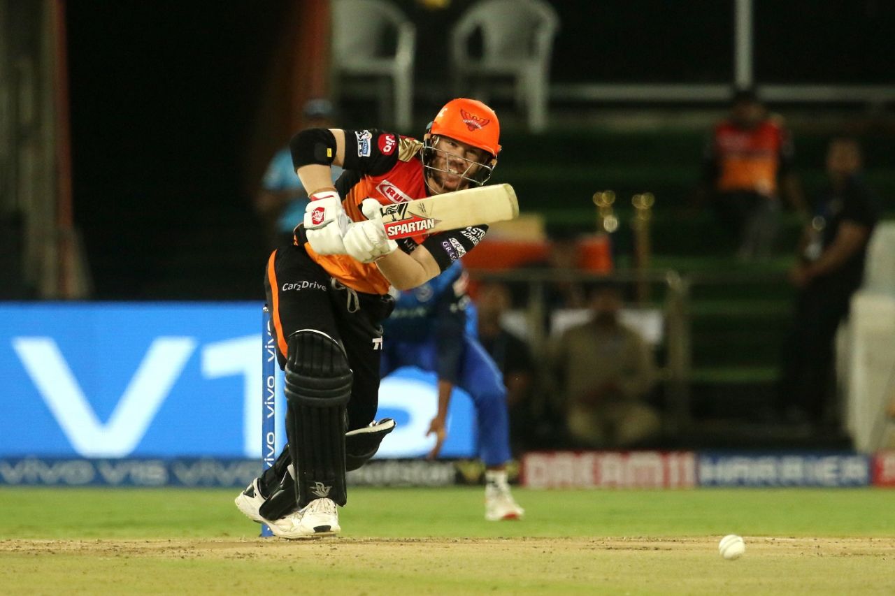David Warner punches down the ground, Sunrisers Hyderabad v Delhi Capitals, IPL 2019, Hyderabad, April 14, 2019