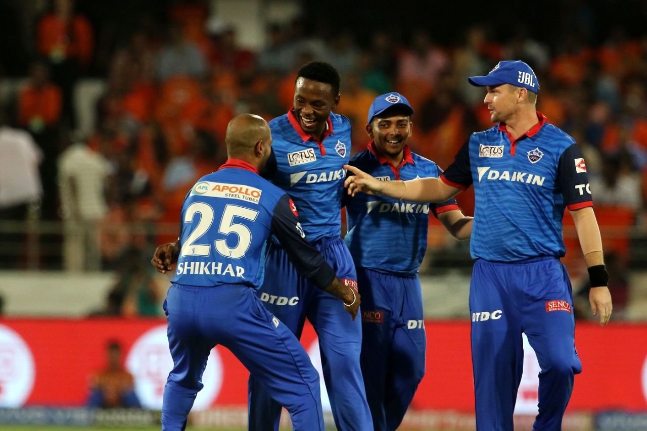 Kagiso Rabada is mobbed by his team-mates after taking two in two, Sunrisers Hyderabad v Delhi Capitals, IPL 2019, Hyderabad, April 14, 2019