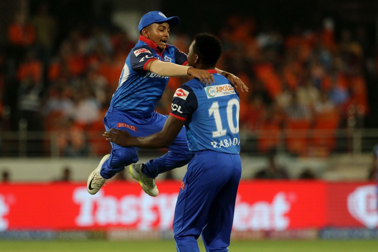 Prithvi Shaw jumps into Kagiso Rabada's arms to celebrate a wicket, Sunrisers Hyderabad v Delhi Capitals, IPL 2019, Hyderabad, April 14, 2019