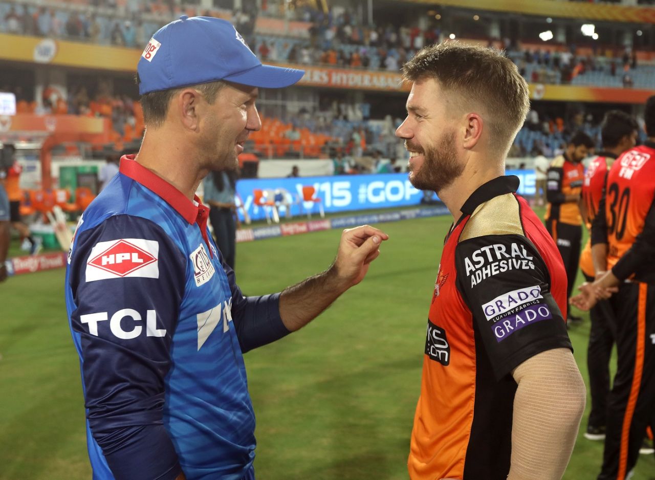 Ricky Ponting and David Warner share a laugh after the match, Sunrisers Hyderabad v Delhi Capitals, IPL 2019, Hyderabad, April 14, 2019
