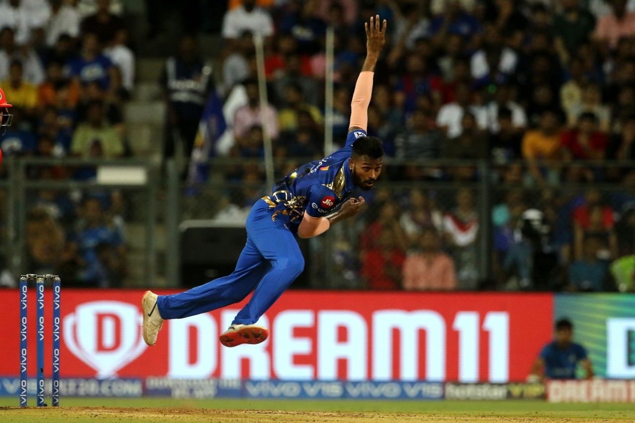 Hardik Pandya completes his bowling action, Mumbai Indians v Royal Challengers Bangalore, IPL 2019, Mumbai, April 15, 2019