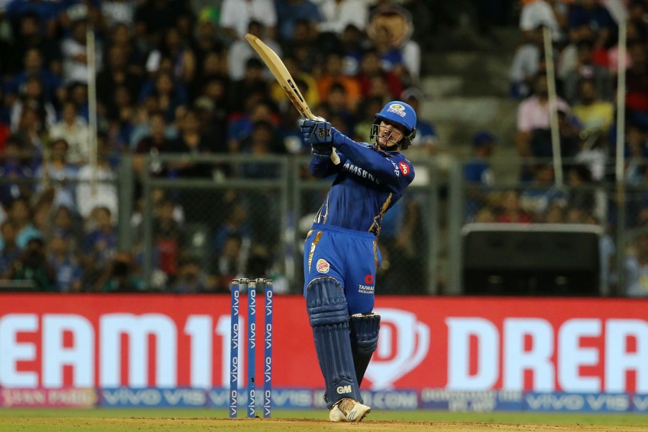Quinton de Kock charges down the track, Mumbai Indians v Royal Challengers Bangalore, IPL 2019, Mumbai, April 15, 2019