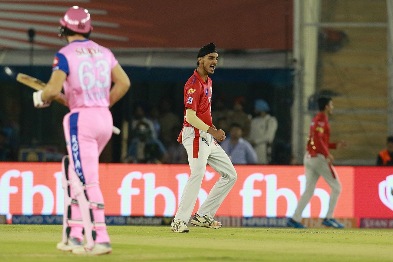 Arshdeep Singh exults after dismissing Jos Buttler, Kings XI Punjab v Rajasthan Royals, IPL 2019, Mohali, April 16, 2019