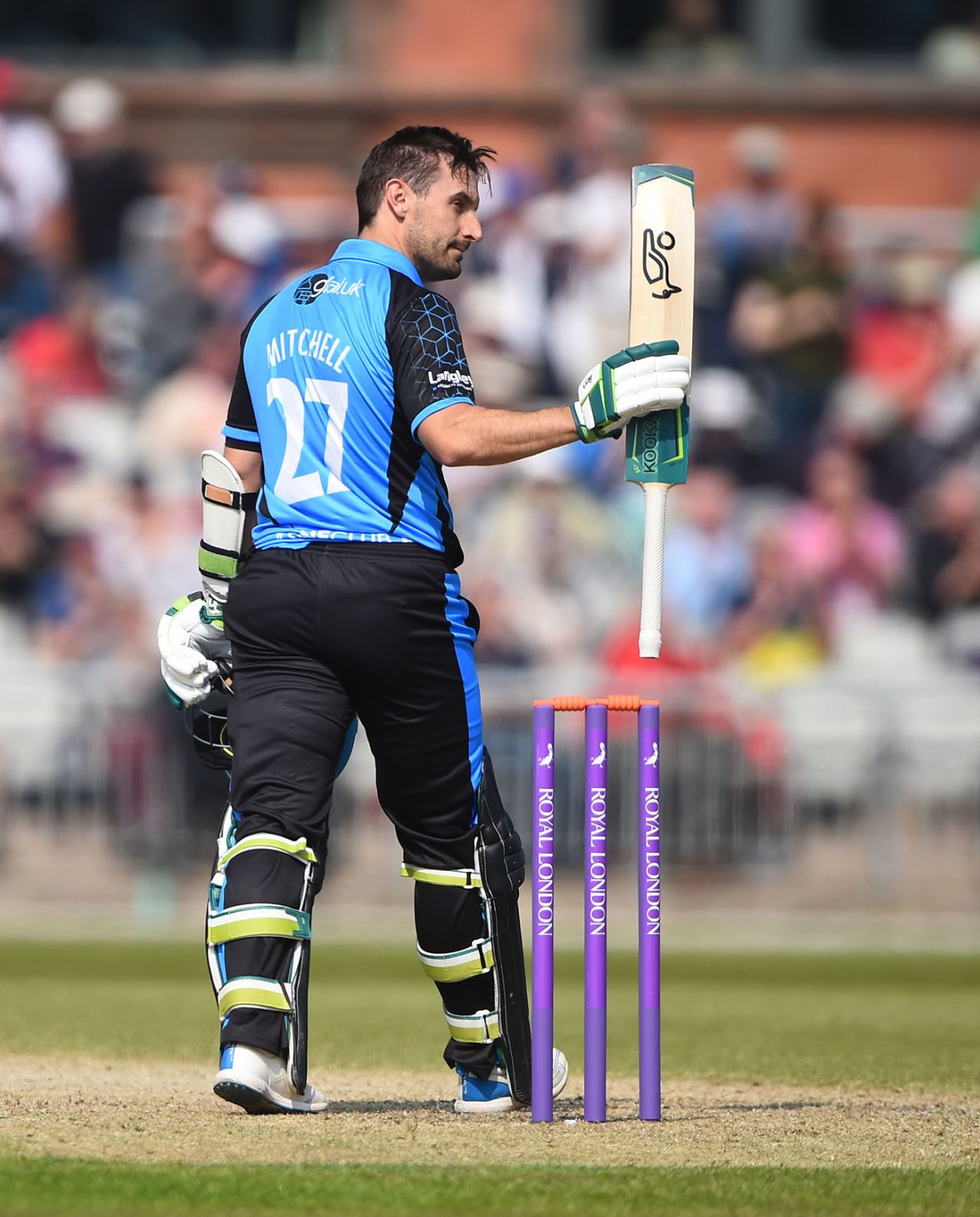 Daryl Mitchell raises his bat, Lancashire v Worcestershire, Royal London Cup, North Group, Old Trafford, April 17, 2019