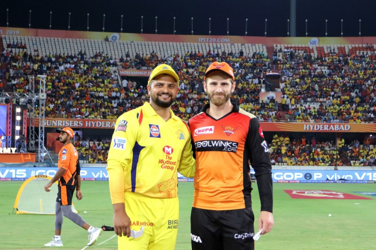 Suresh Raina and Kane Williamson pose at the toss, Sunrisers Hyderabad v Chennai Super Kings, IPL 2019, Hyderabad, April 17, 2019