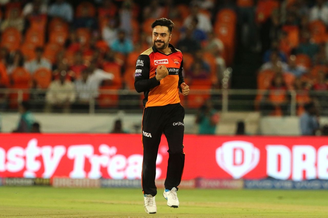 Rashid Khan is pleased after getting a wicket, Sunrisers Hyderabad v Chennai Super Kings, IPL 2019, Hyderabad, April 17, 2019