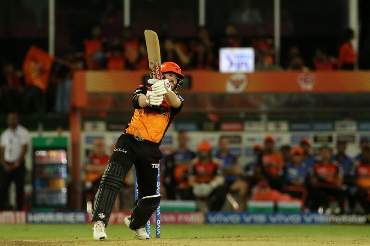 David Warner crunches one away, Sunrisers Hyderabad v Chennai Super Kings, IPL 2019, Hyderabad, April 17, 2019