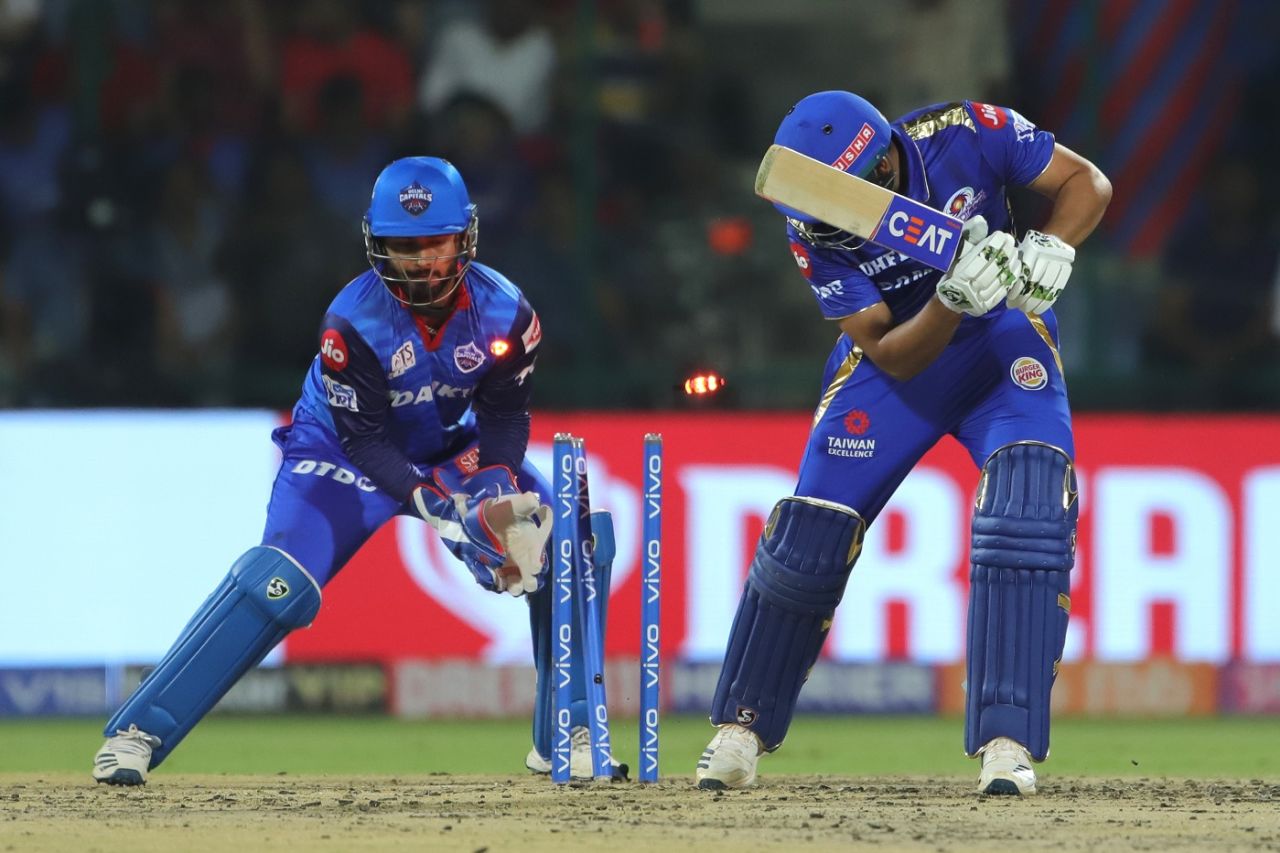 Rohit Sharma lets one through his defence, Delhi Capitals v Mumbai Indians, IPL 2019, Delhi, April 18, 2019