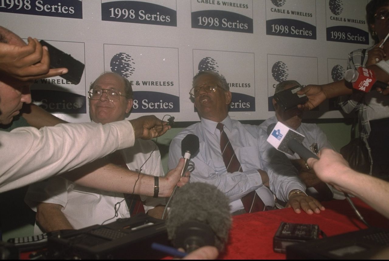 West Indies Cricket president Patrick Rousseau addresses the media, Kingston, January 29, 1998