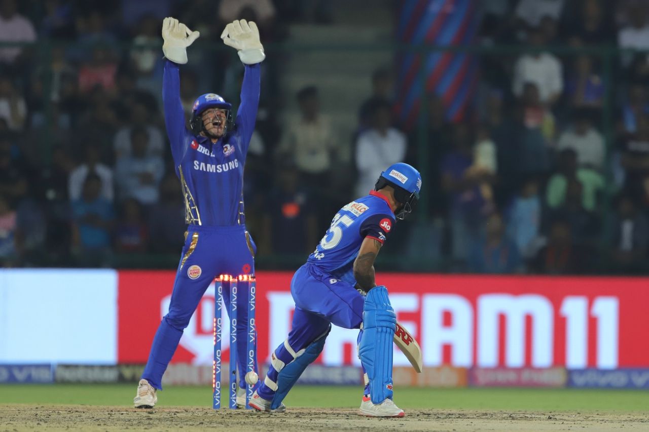 Shikhar Dhawan plays on with an attempted reverse sweep, Delhi Capitals v Mumbai Indians, IPL 2019, Delhi, April 18, 2019