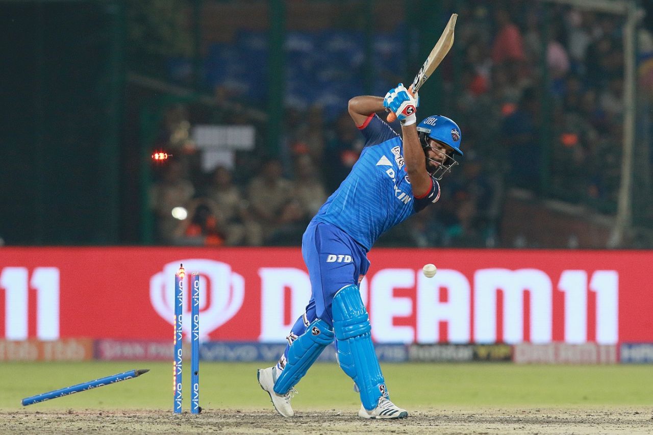 Rishabh Pant loses his off stump, Delhi Capitals v Mumbai Indians, IPL 2019, Delhi, April 18, 2019