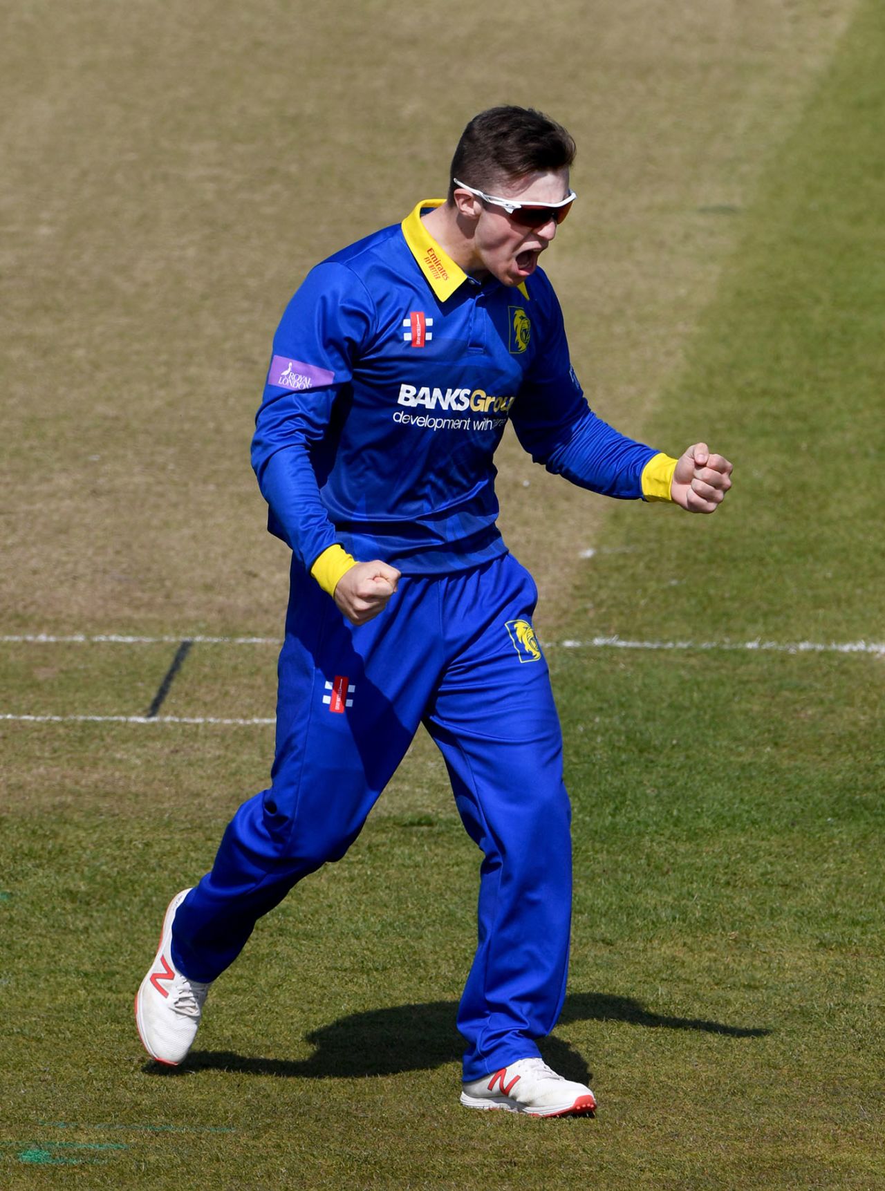 Liam Trevaskis celebrates a wicket, Durham v Leicestershire, Royal London Cup, North Group, Chester-le-Street, April 19, 2019