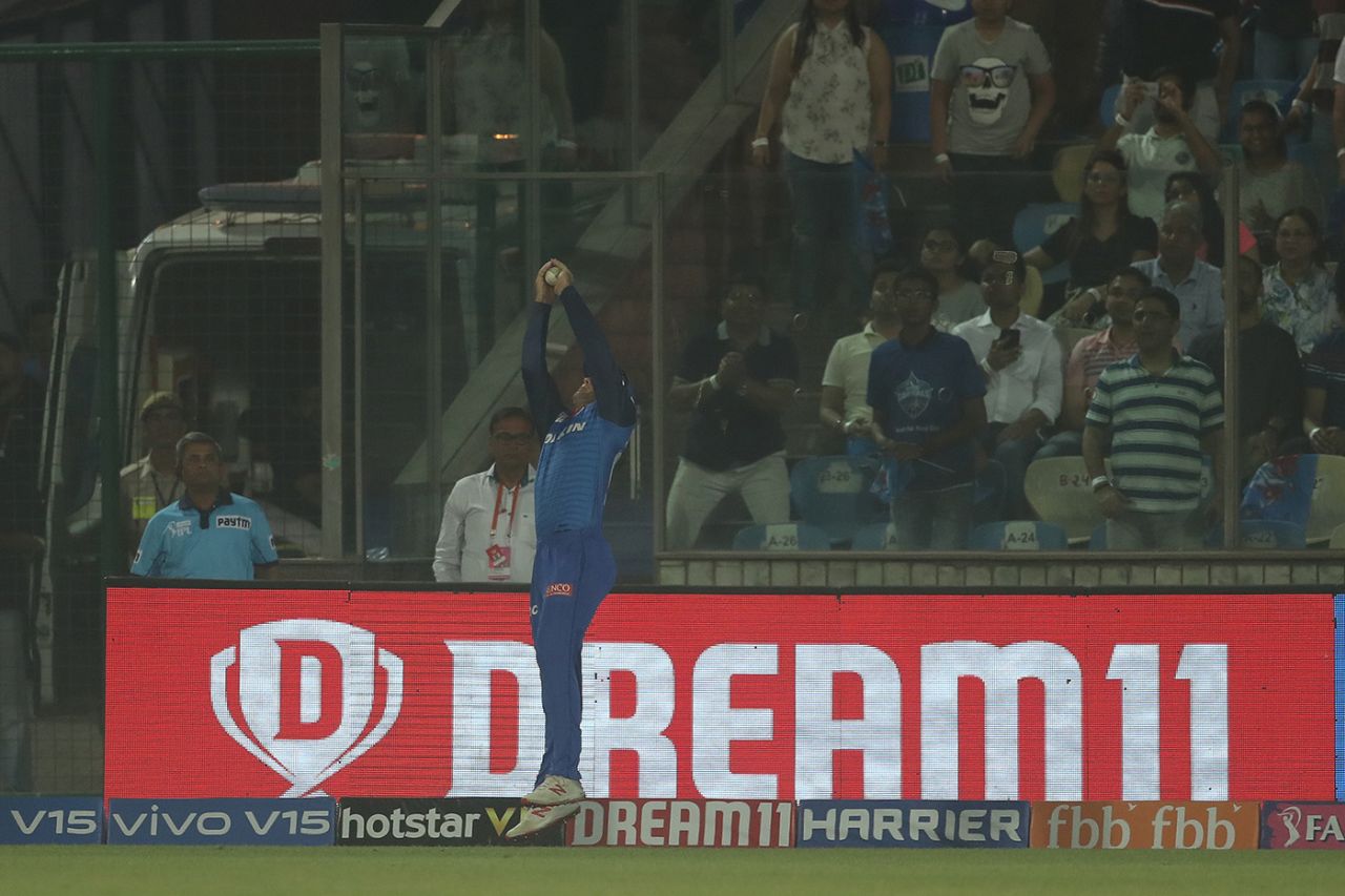 Colin Ingram holds on to a catch by the boundary rope, Delhi Capitals v Kings XI Punjab, IPL 2019, Delhi, April 20, 2019