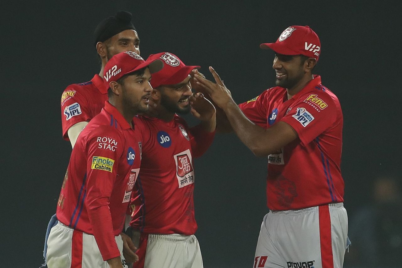 Mandeep Singh congratulated by team-mates after a direct hit, Delhi Capitals v Kings XI Punjab, IPL 2019, Delhi, April 20, 2019
