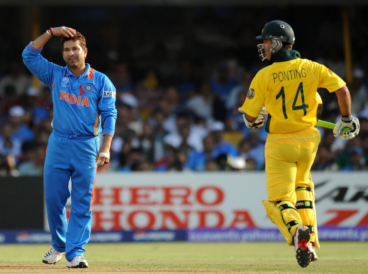 Sachin Tendulkar reacts as Ricky Ponting takes a run, India v Australia, quarter-final, ICC Cricket World Cup 2011, Sardar Patel Stadium, Ahmedabad, March 24, 2011