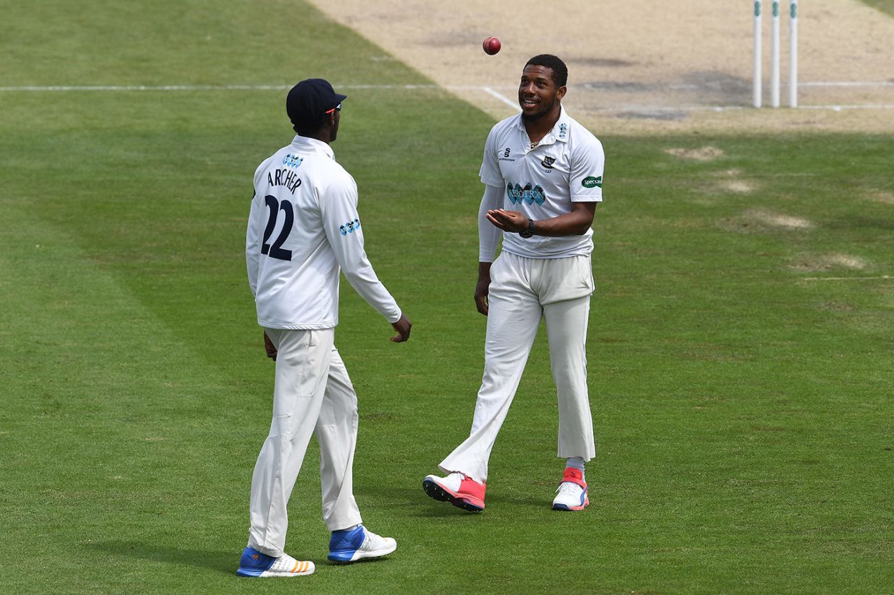 Jofra Archer (left) and Chris Jordan have a chat, Sussex v Worcestershire, Specsavers Championship Div Two, Hove, day four, June 5, 2017