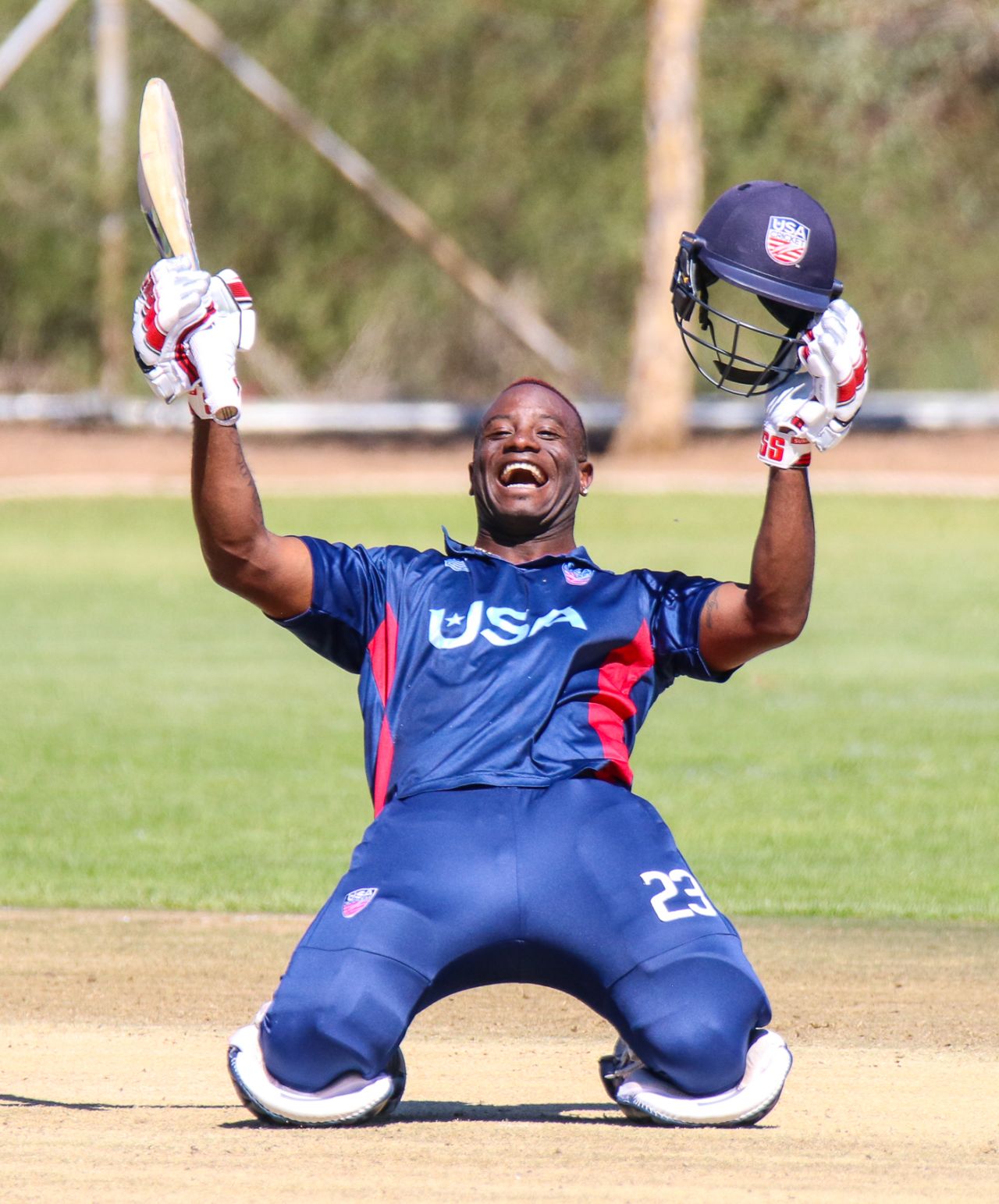 Xavier Marshall drops to his knees in celebration of his first official century for USA, Hong Kong v USA, WCL Division Two, Windhoek, April 24, 2019