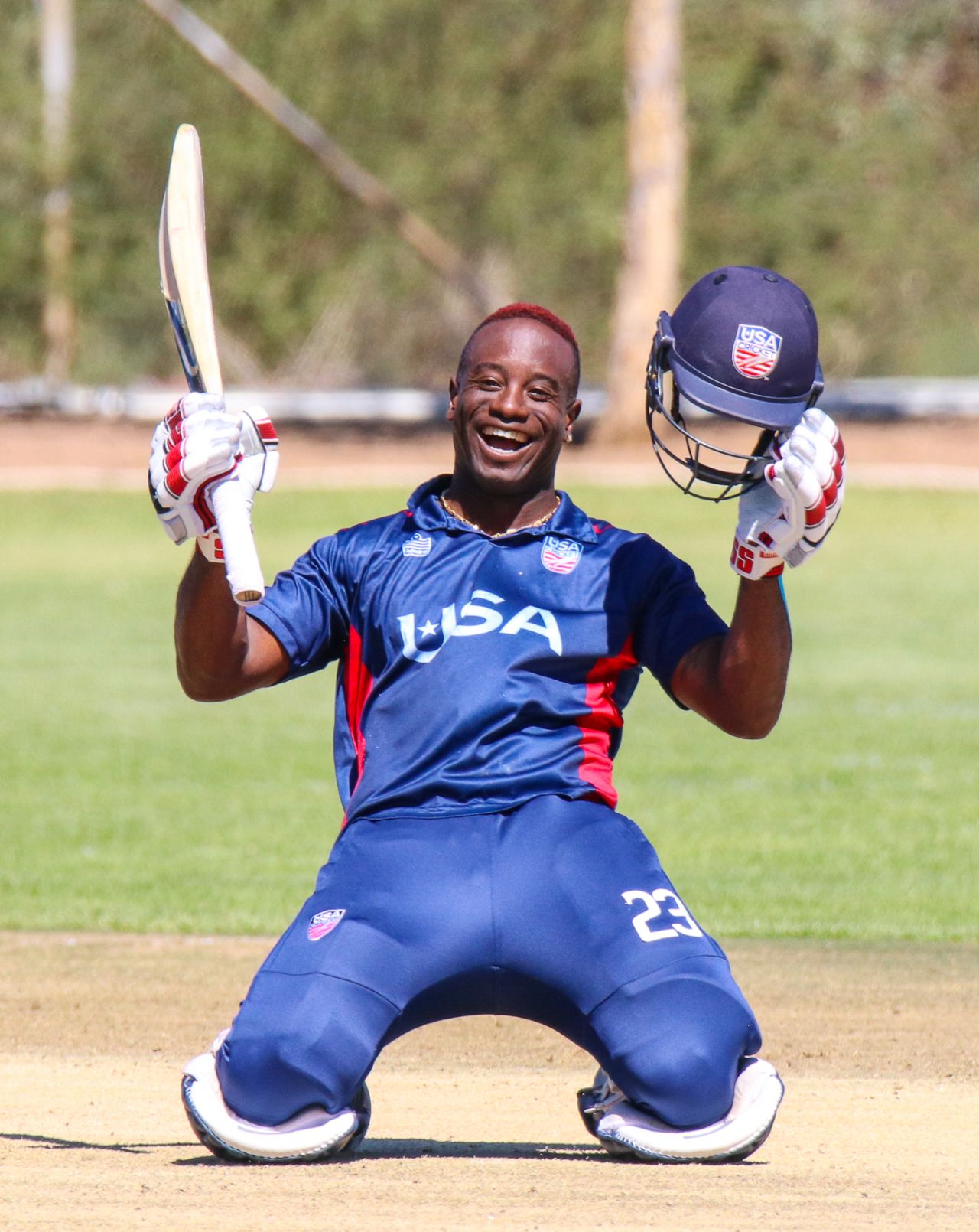Xavier Marshall grins from ear to ear celebrating his century in style, Hong Kong v USA, WCL Division Two, Windhoek, April 24, 2019
