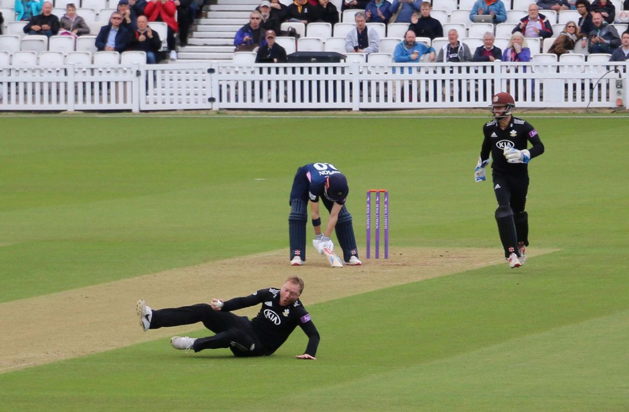 Gareth Batty completes the caught-and-bowled of John Simpson, Surrey v Middlesex, The Oval, April 25, 2019