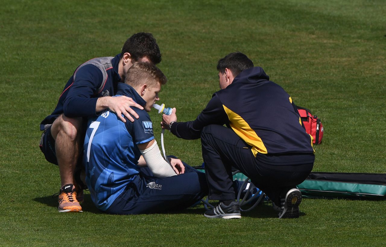 Sam Billings receives treatment after hurting his shoulder, Glamorgan v Kent, Royal London Cup, South Group, April 25, 2019