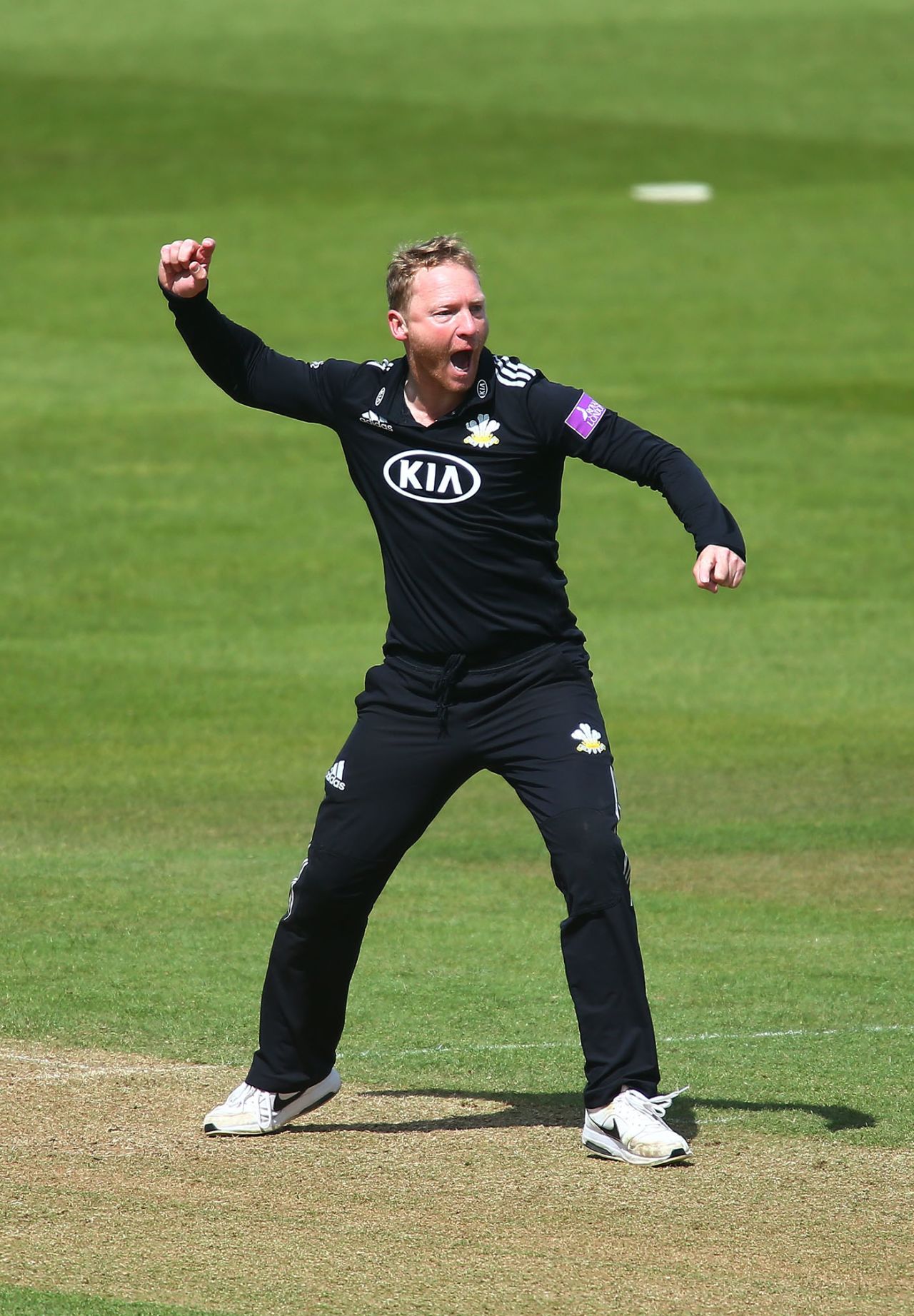 Gareth Batty celebrates dismissing Ross Taylor, Surrey v Middlesex, The Oval, April 25, 2019