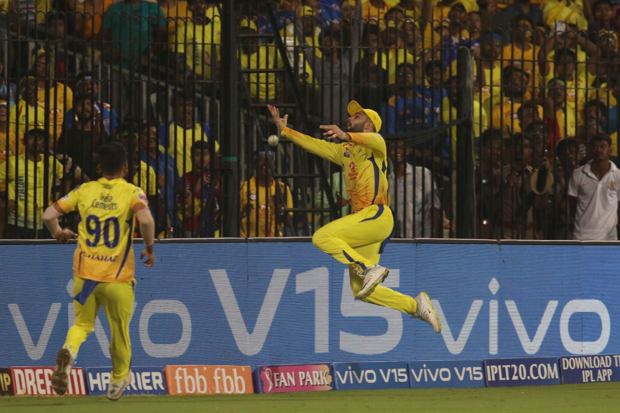 Dhruv Shorey reaches out to try and take a catch, Chennai Super Kings v Mumbai Indians, IPL 2019, Chennai, April 26, 2019