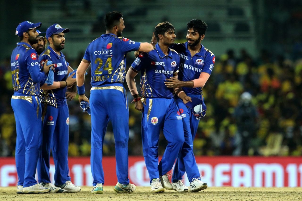 Anukul Roy is congratulated by his team-mates after getting his maiden IPL wicket, Chennai Super Kings v Mumbai Indians, IPL 2019, Chennai, April 26, 2019