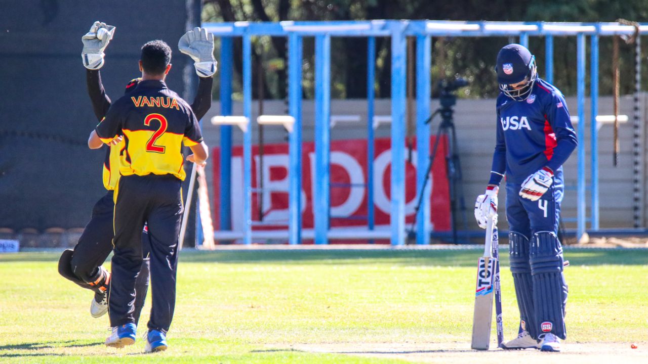 Norman Vanua bowled Jaskaran Malhotra for a golden duck to put himself on a hat-trick, Papua New Guinea v USA, WCL Division Two, 3rd place playoff, Windhoek, April 27, 2019