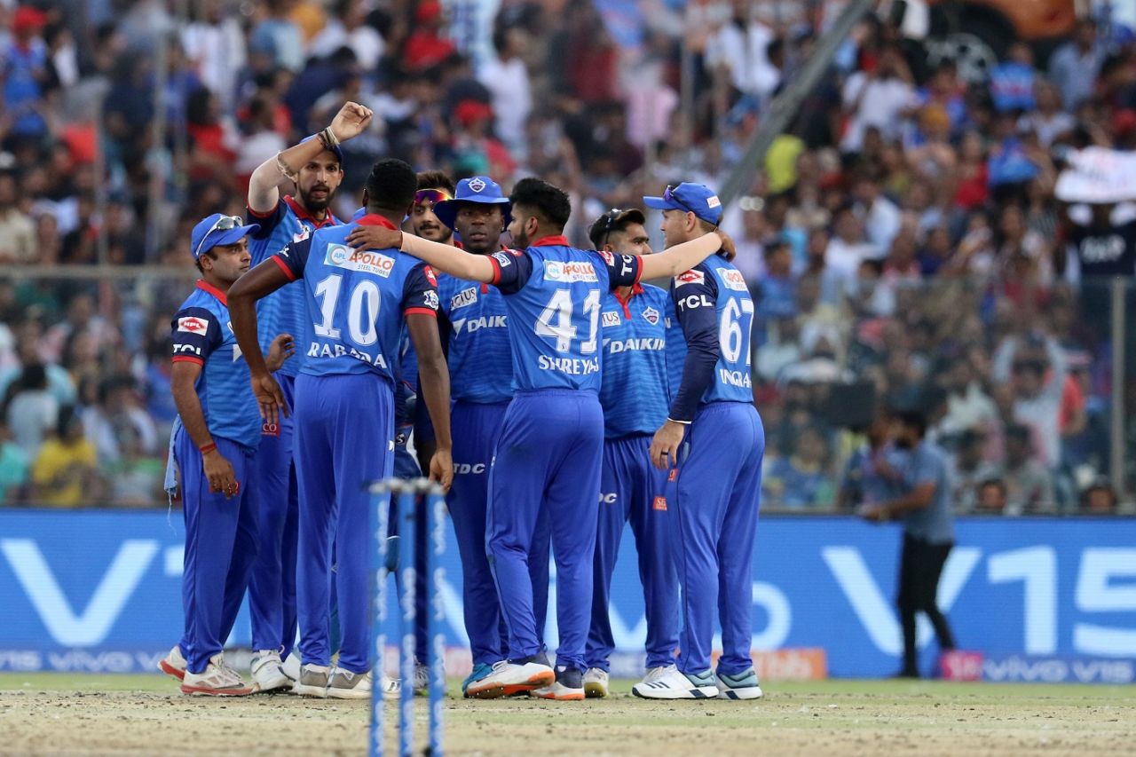 The Delhi Capitals players celebrate Parthiv Patel's dismissal, Delhi Capitals v Royal Challengers Bangalore, IPL 2019, Delhi, April 28, 2019