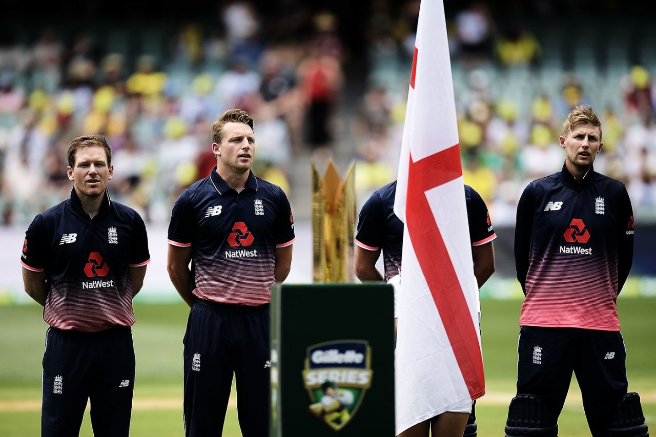 Eoin Morgan and his team-mates line up for the national anthems, Australia v England, 4th ODI, Adelaide, January 26, 2018