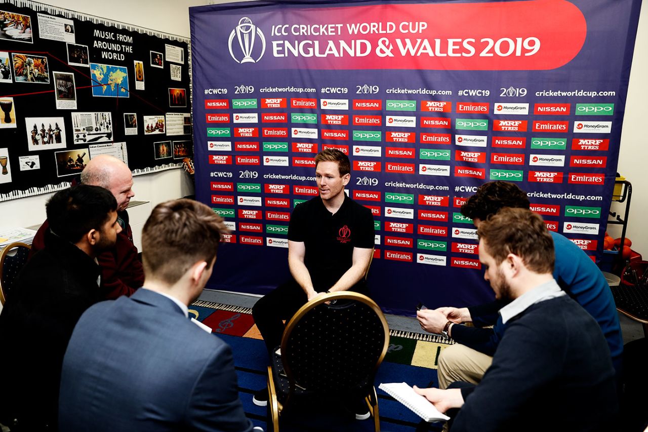 Eoin Morgan talks to journalists at a Chance to Shine World Cup event, London, January 21, 2019