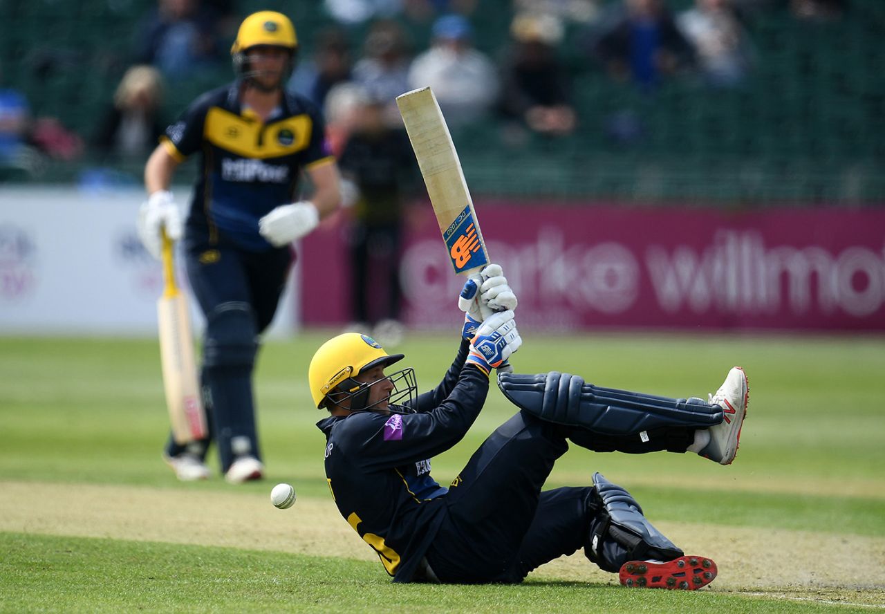 Billy Root attempts an acrobatic shot, Gloucestershire v Glamorgan, Royal London Cup, South Group, Bristol, April 30, 2019