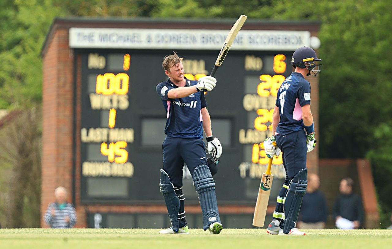 Sam Robson of Middlesex celebrates his century, Middlesex v Somerset, Royal London One Day Cup, Radlett, May 1, 2019