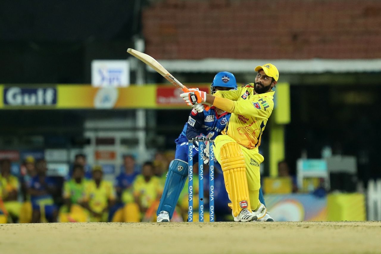 Ravindra Jadeja swings one over the leg-side, Chennai Super Kings v Delhi Capitals, IPL 2019, Chennai, May 1, 2019