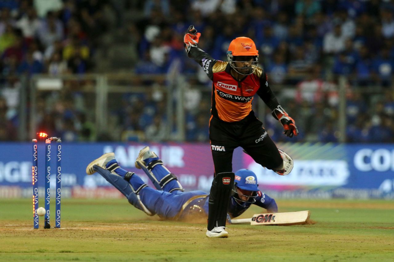 Wriddhiman Saha executes a backhand flick to hit the stumps, Mumbai Indians v Sunrisers Hyderabad, IPL 2019, Mumbai, May 2, 2019
