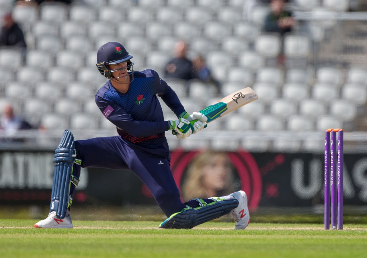 Keaton Jennings down to execute a reverse-sweep, Lancashire v Derbyshire, Royal London Cup, North Group, Old Trafford, May 2, 2019