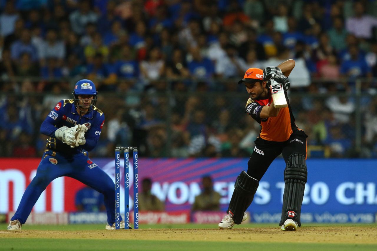 Manish Pandey drives through the off side, Mumbai Indians v Sunrisers Hyderabad, IPL 2019, Mumbai, May 2, 2019