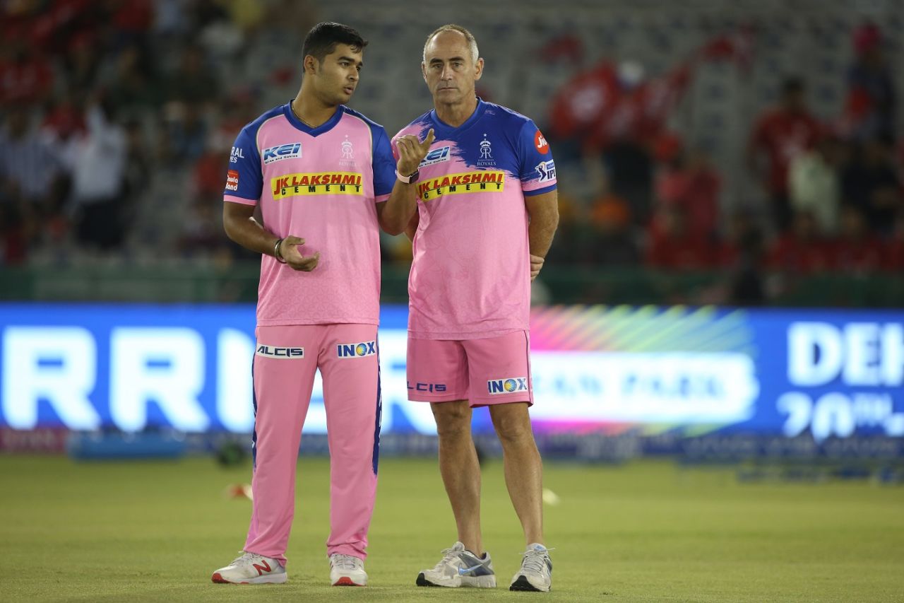 Riyan Parag and Paddy Upton have a chat before the match, April 16, 2019