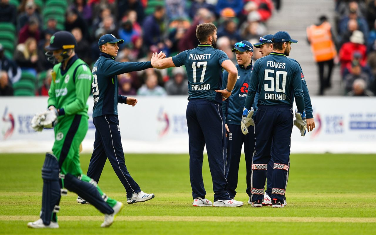 Liam Plunkett gets a high five from Tom Curran, Ireland v England, only ODI, Malahide, May 3, 2019