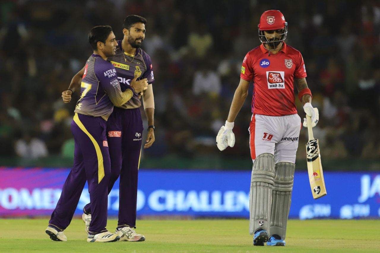 Sandeep Warrier is embraced after getting KL Rahul out, Kings XI Punjab v Kolkata Knight Riders, IPL 2019, Mohali, May 3, 2019