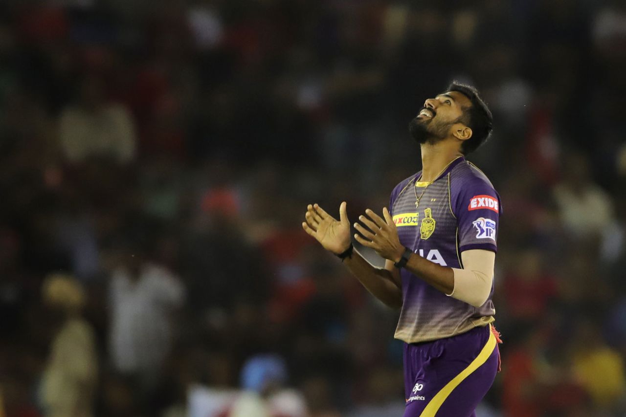 Sandeep Warrier looks to the heavens after picking up a wicket, Kings XI Punjab v Kolkata Knight Riders, IPL 2019, Mohali, May 3, 2019